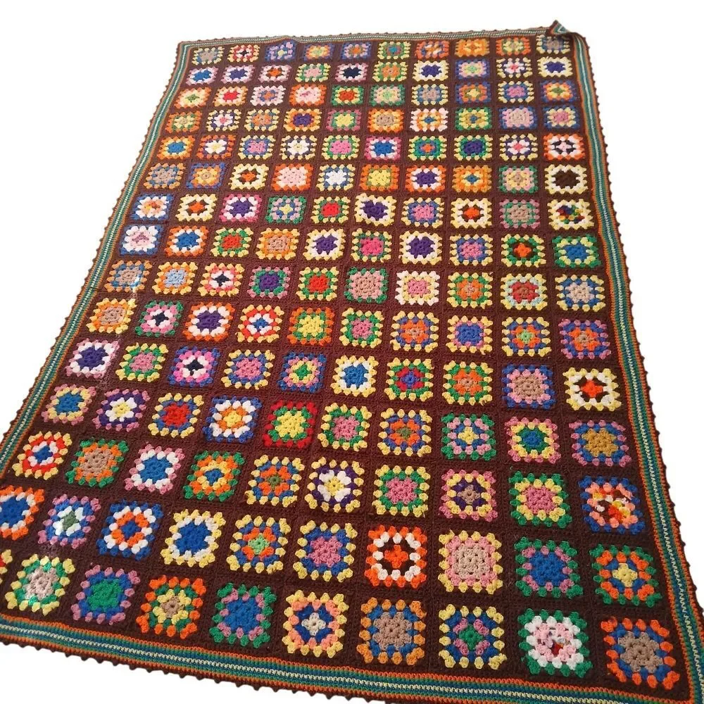 Vintage 70's Handmade Blanket Granny Square Farmhouse Multi-Color Crochet Unique